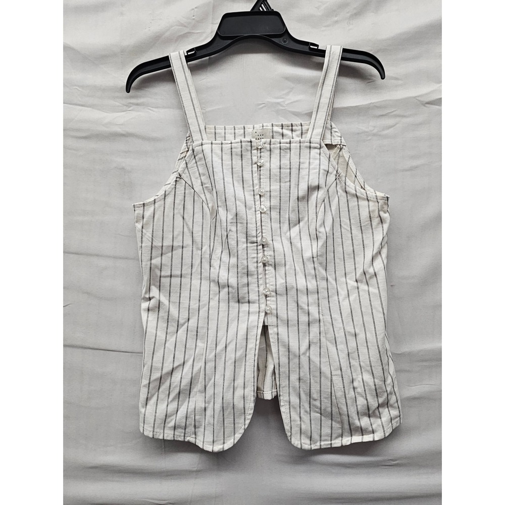 A New Day Womens Pinstripe Button Tank Top Cream Cotton Blend Casual Size Small